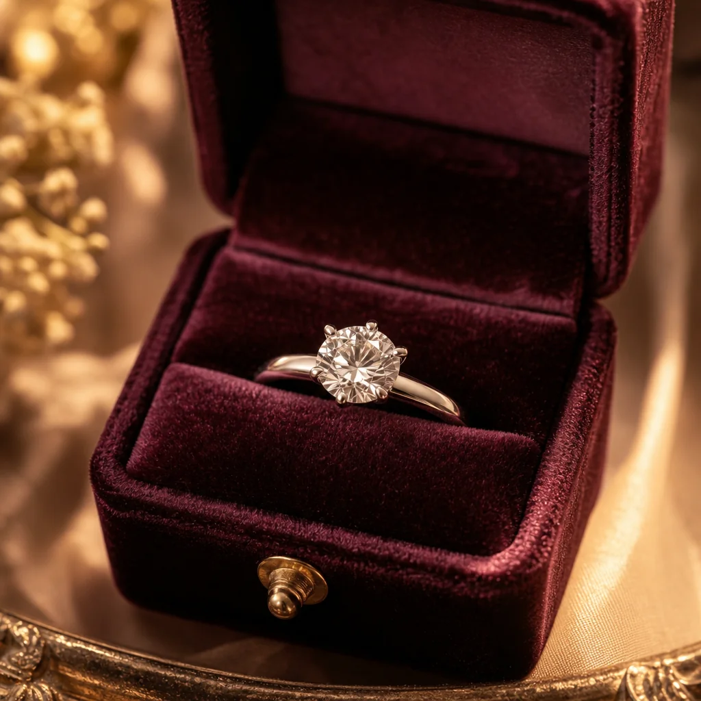 Elegant diamond engagement ring on a velvet surface